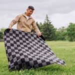 Blanket Tote Outdoor Picnic Blanket: Red & White Gingham Pattern with Gray Flap - Image 2