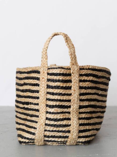 Rectangular Floor Basket with handle, jute - small: Striped