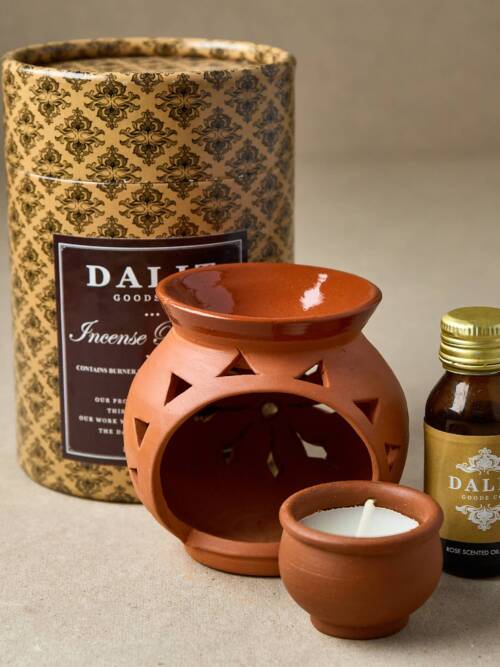 Terracotta Oil Burner with Rose Scented Oil & Beeswax Candle