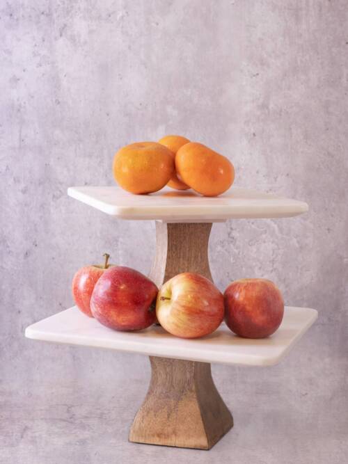 Sm. White Marble Square Cake Plate w/ Mango Wood Base 8"x8": White, MARBLE