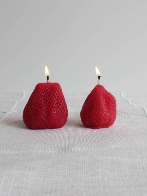 Large Strawberries Beeswax Candle Pair