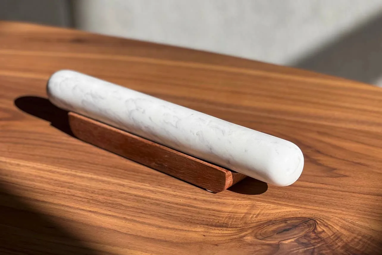 White Marble Rolling Pin and Wood Base - Image 2