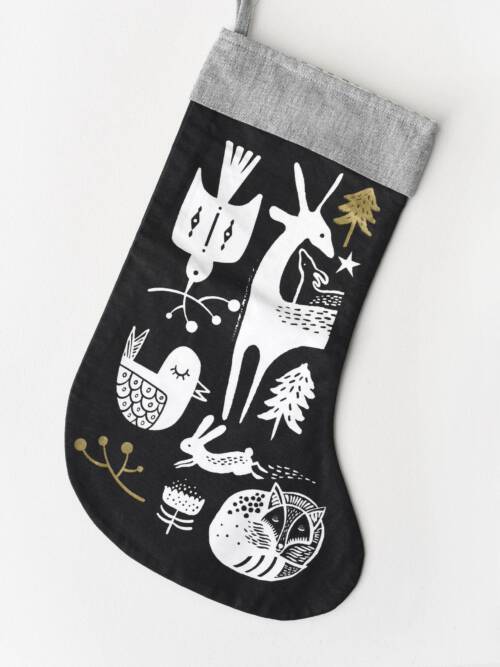 Winter Animals Christmas Stocking - White on Black