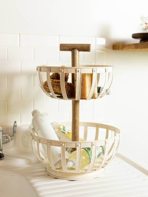 Clement 2 Tiered Countertop Kitchen Basket White Metal Wood