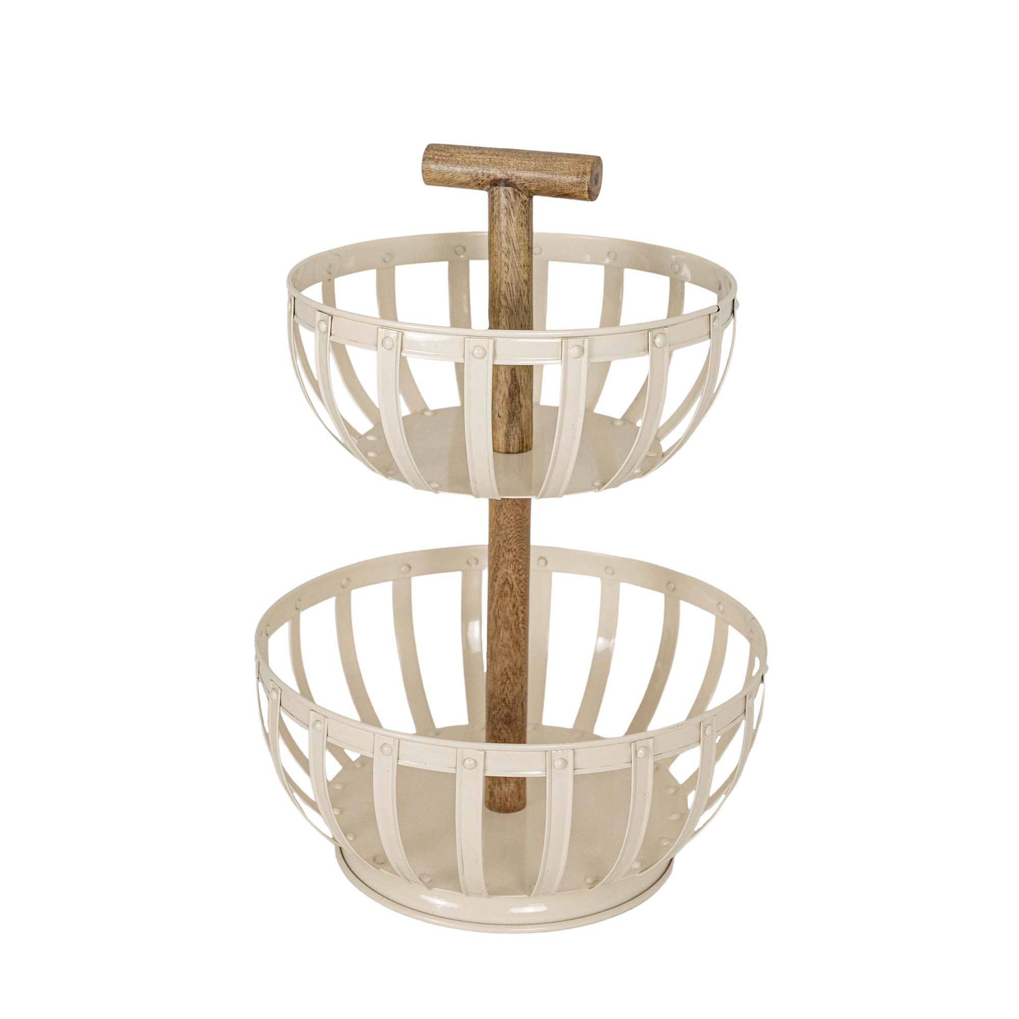 Clement 2 Tiered Countertop Kitchen Basket White Metal Wood - Image 2