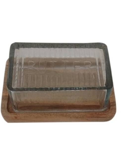 Wood Butter Dish with Glass Dome: Glass, Mango Wood