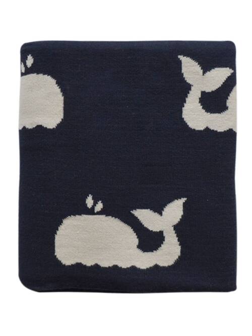 Whale Design Knit Cotton Baby Blanket: Navy Natural