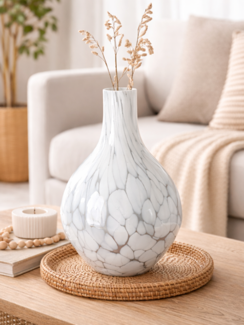 Vase | White Splutter Round Glass Vase | 8.5X13"