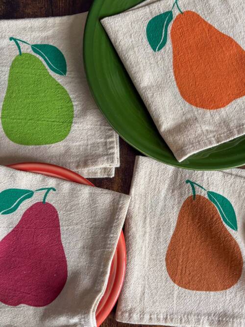 Pears - Hand Printed Flour Sack Cotton Napkins: Multi-Colored